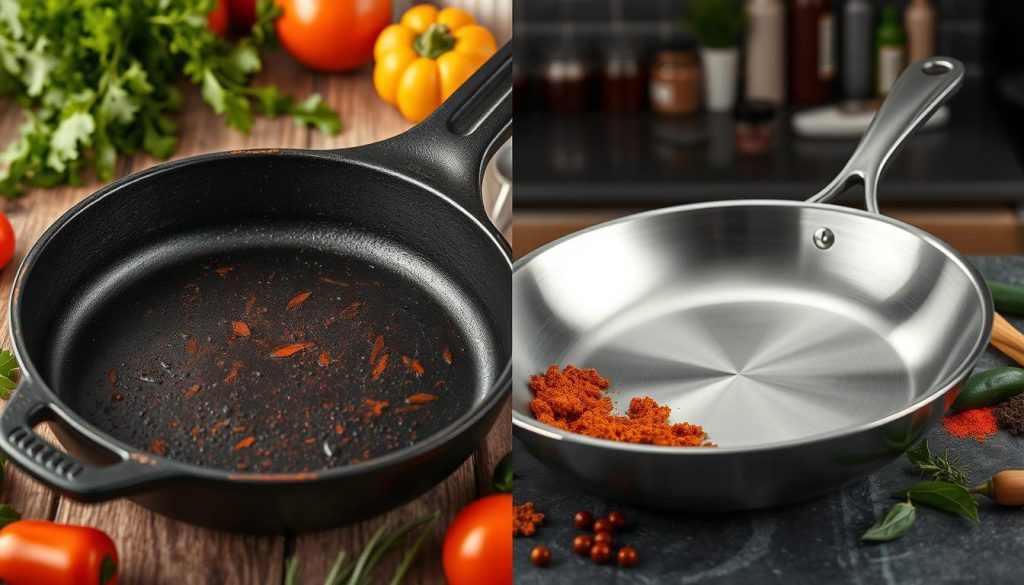 cast iron vs stainless steel cooking