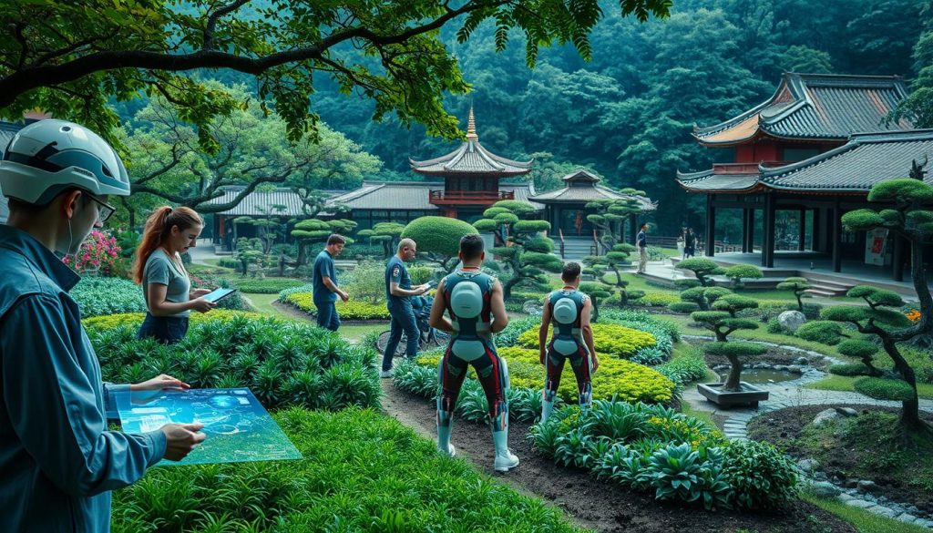 AI garden planners balancing technology with traditional wisdom