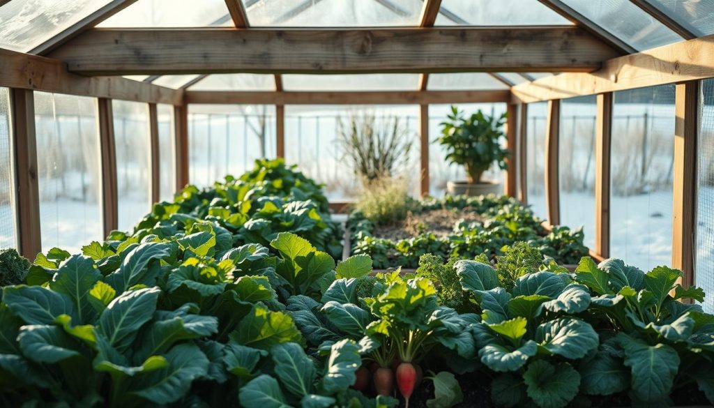 cold hardy vegetables growing in a cold frame