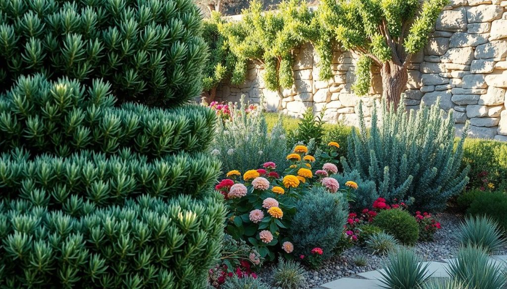 drought-resistant shrubs providing structure and privacy in a garden