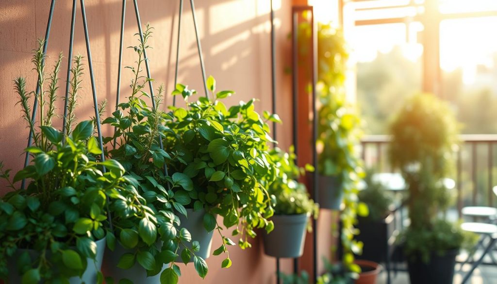 hanging herb garden with culinary herbs