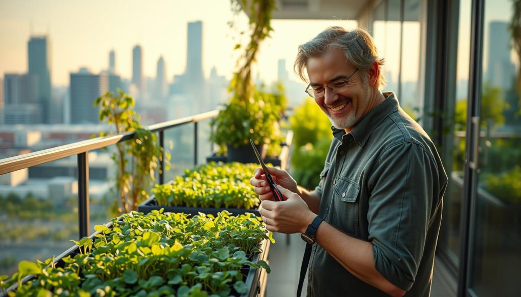 harvesting microgreens from balcony garden
