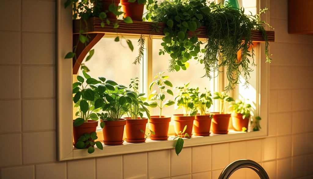 indoor herb garden on kitchen windowsill