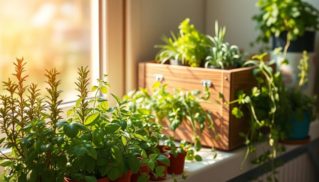 indoor herb garden on windowsill