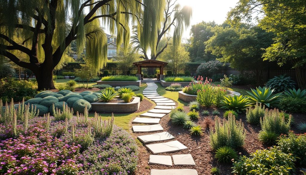 low-maintenance garden layouts with defined beds and pathways