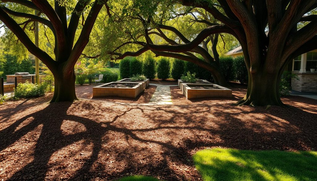 mulch application around trees and garden beds