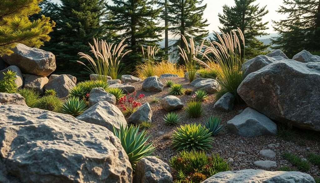 rock gardens with textural contrast