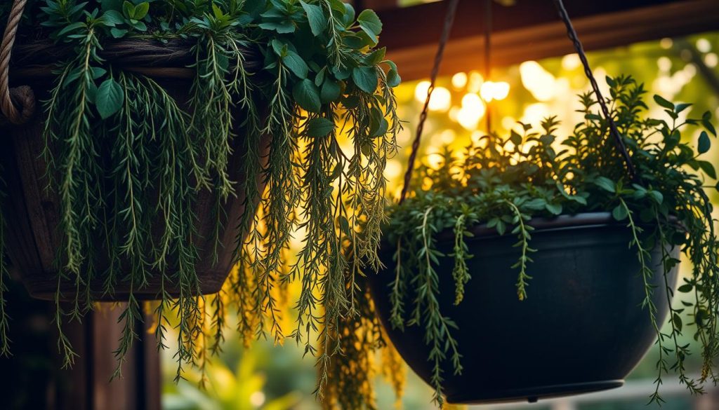 trailing herbs in hanging herb planters