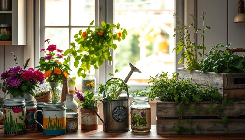 upcycled kitchen items as garden planters