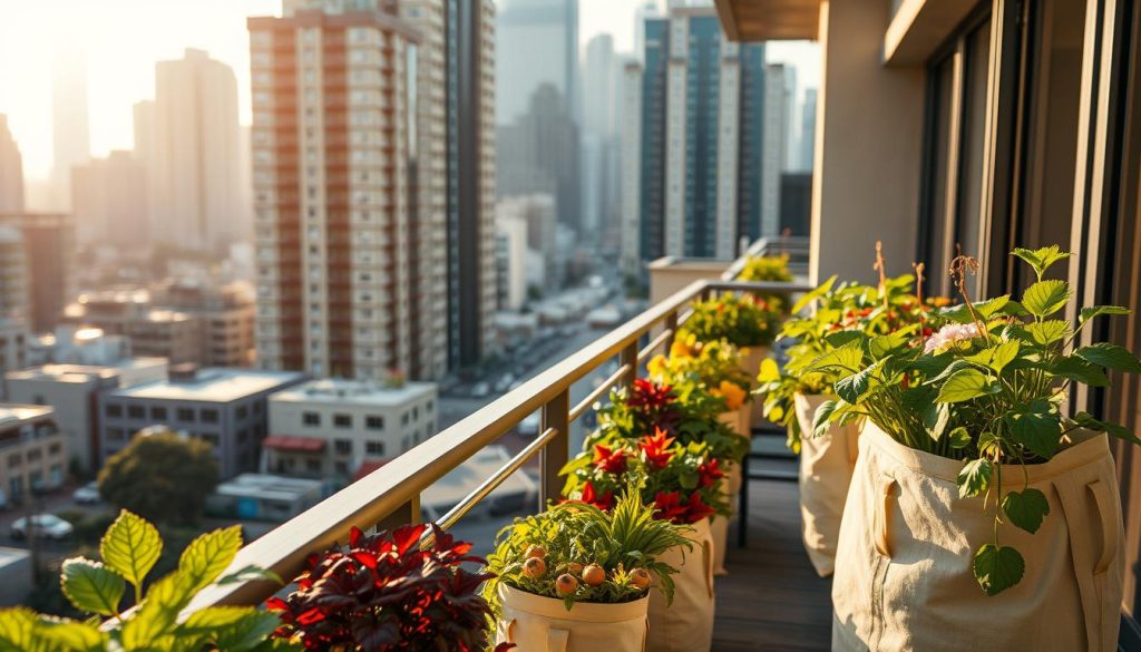 urban gardening bags on apartment balcony
