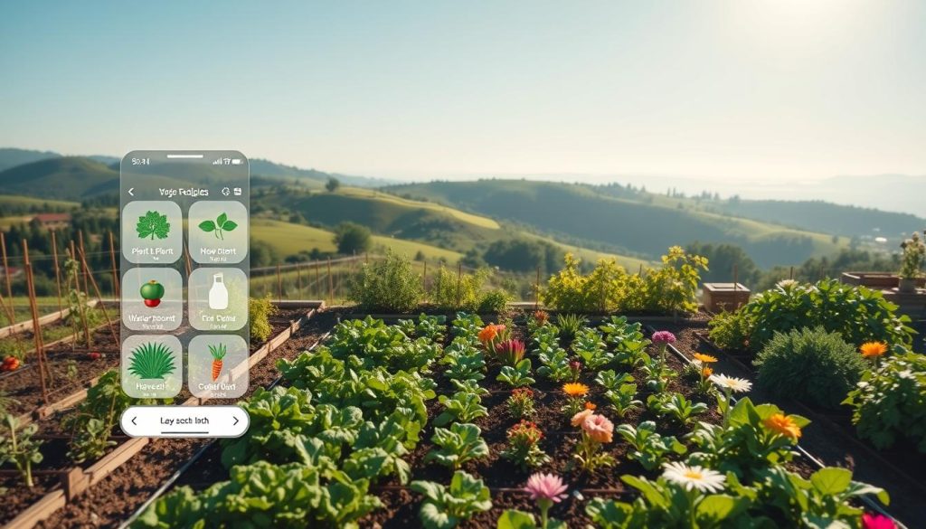 vegetable garden tracker app interface showing plant layout