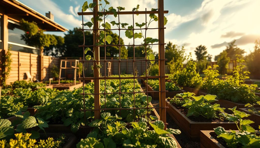 vertical gardening trellis in square foot garden