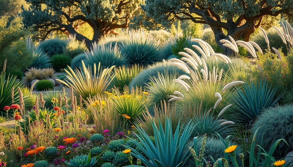 water-efficient garden with diverse plants and textures