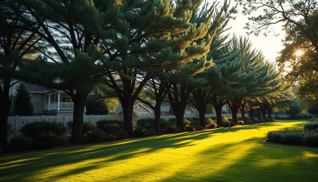 windbreak trees in a residential landscape